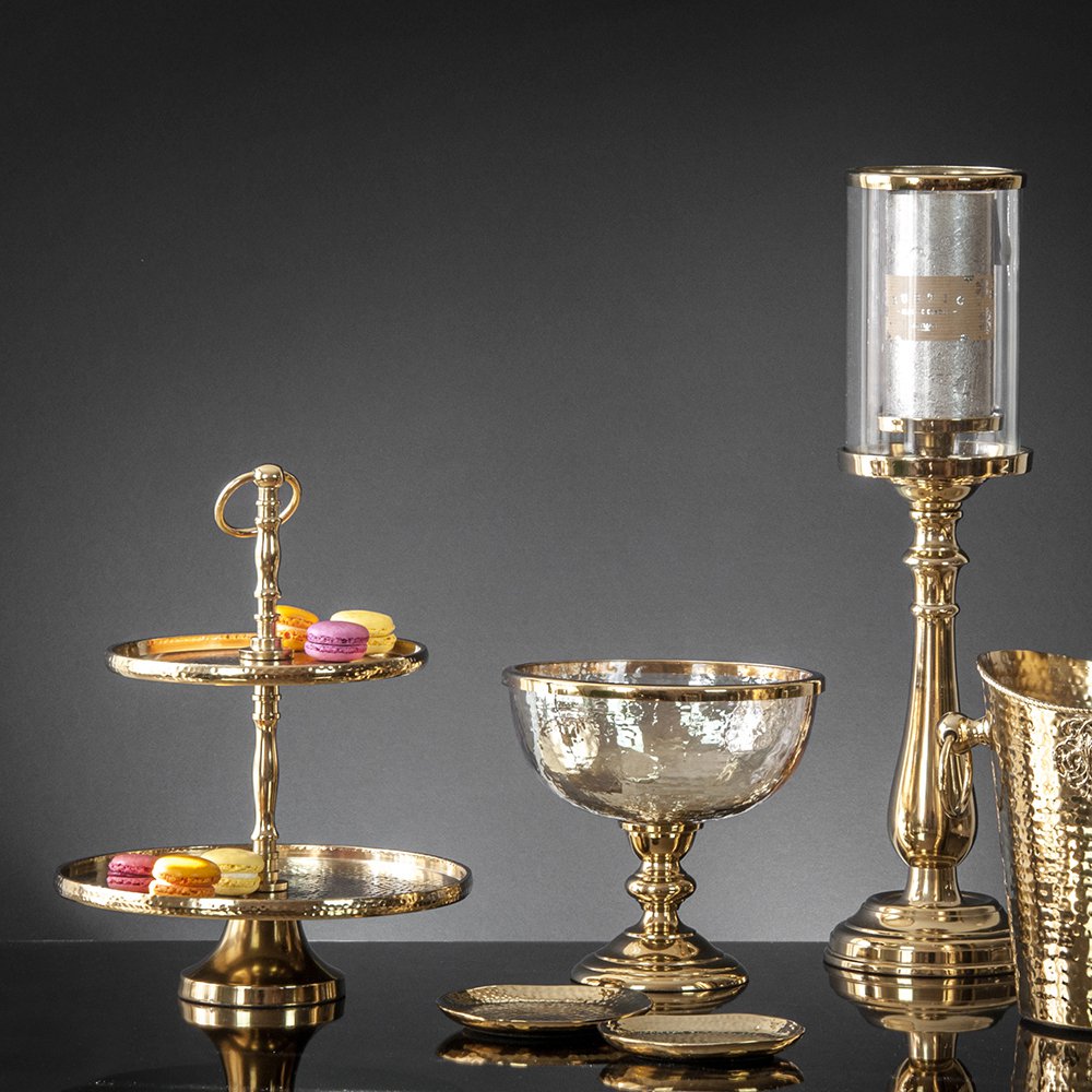 Tweekleer metalen dienblad, gouden kleur, 25x25x34 cm, decosiluet