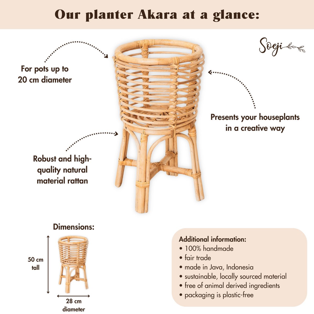 Rotan Plantenstandaard Rond – Boho Plantenbak – Rotan Plantenmand – Natuurlijke Bloemenstandaard voor Potten tot Ø20 cm AKARA