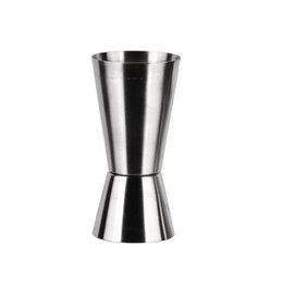 Stainless steel double-sided measuring cup with 30ml and 60ml markings, suitable for wine and cocktail preparation.