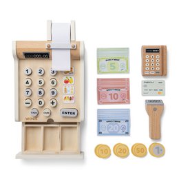Registratore di cassa giocattolo in legno con soldi finti e scanner