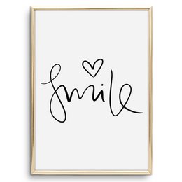 A simple black and white poster featuring the handwritten word "Smile" with a heart symbol. Available in two sizes, DIN A4 and DIN A3.