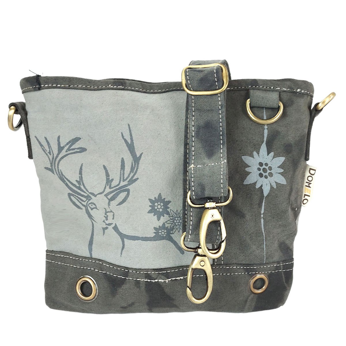 Traditionele tas van Domelo. Veganistische canvas schoudertas met bedrukt hert/edelweiss-motief