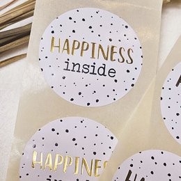 Circular stickers with the text "Happiness inside" and a polka dot pattern, suitable for decorative purposes.