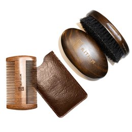  Beard brush and comb set made of wood and natural bristles for grooming and styling facial hair.