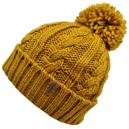 Warm, cozy yellow beanie with a large pom-pom. Made of soft, textured knit material. Features a cable knit pattern for a stylish look. Perfect for cold winter weather.