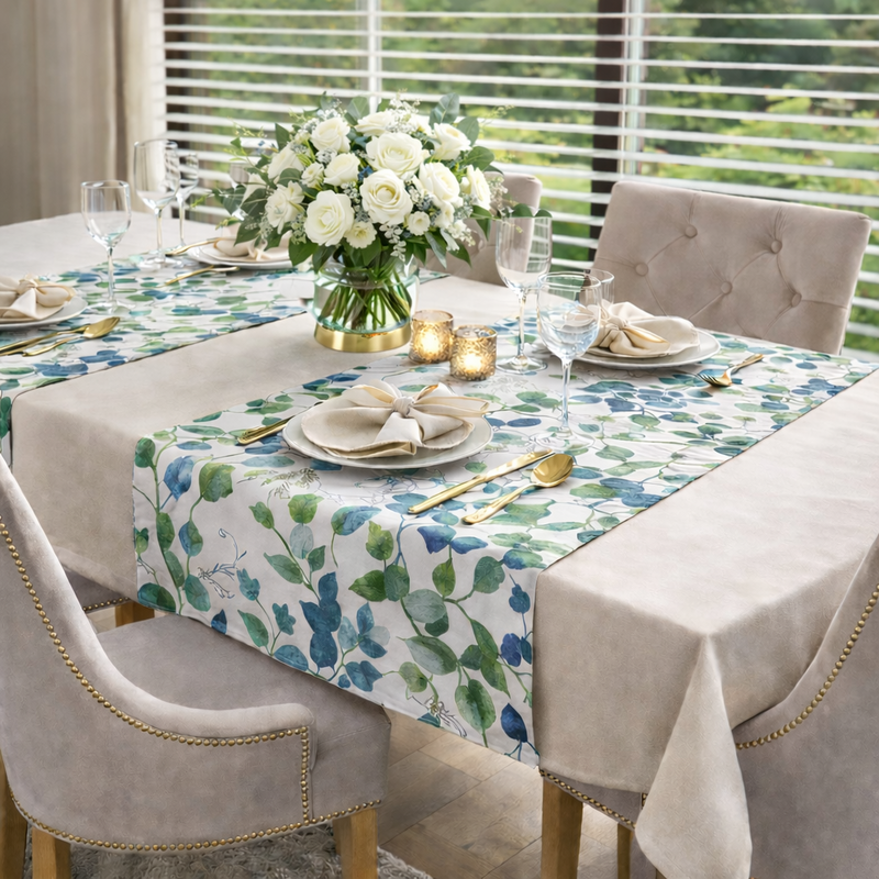Chemin de table à motif feuille de moineau bleu et oiseau – 50 × 220 cm