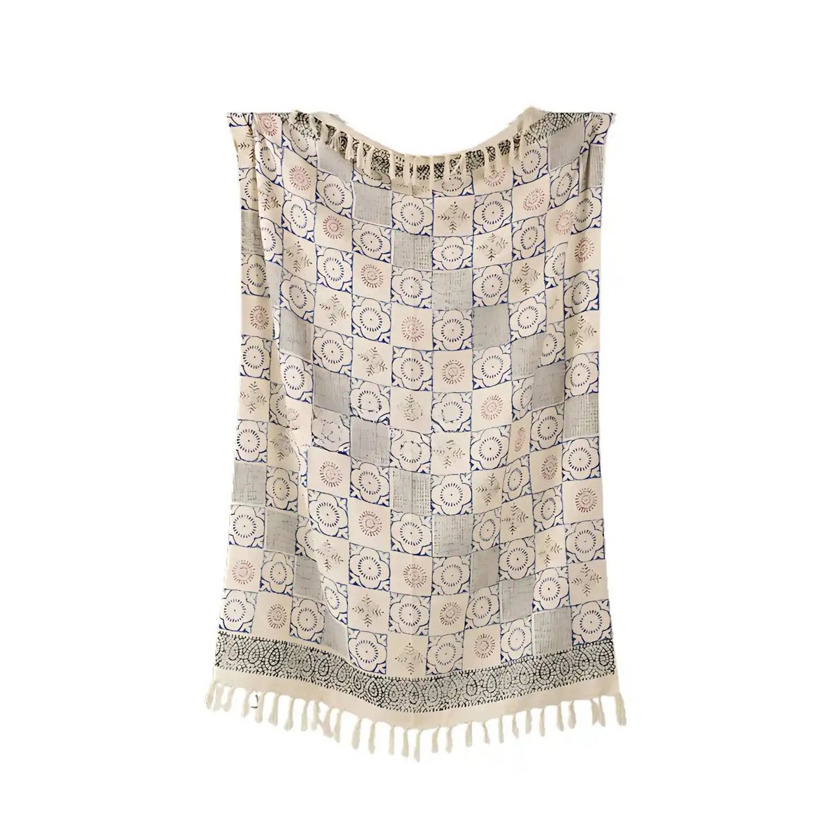 Manta de sofá/cuadros azules y crema – Patrón de mandala con flecos – 130x175 cm – Urbane Hide