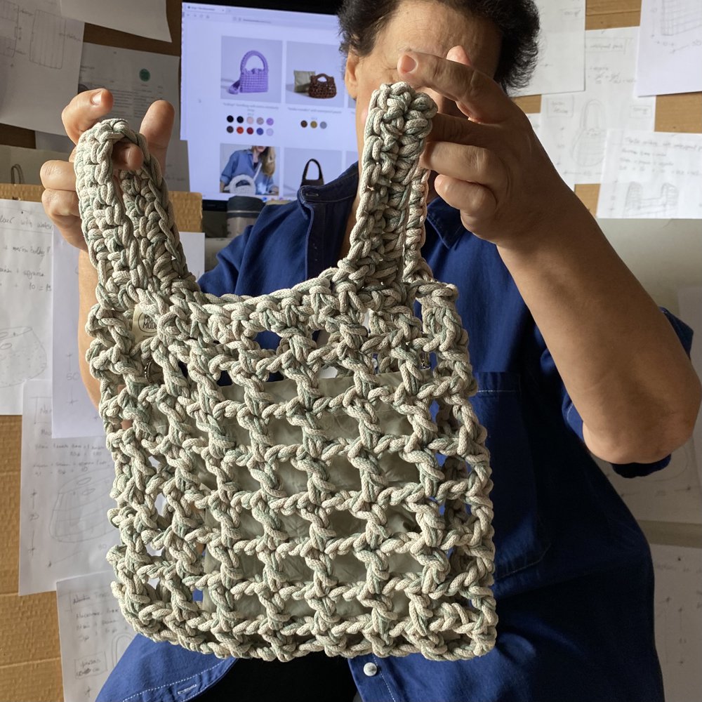 “Thalia cotton” crochet wrist bag with waterproof pouch crème + olive