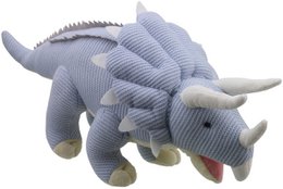 Blue knitted triceratops plushie toy with horns and textured fabric details.