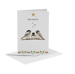 A hand-painted New Year's card featuring two birds perched on a branch against a gray background, with a star and floral elements. The card is A6 size.