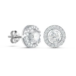 Silver circle earrings with a halo of sparkling diamonds, creating a statement look. The round shape and shiny silver metal make these earrings a stylish accessory for any occasion.