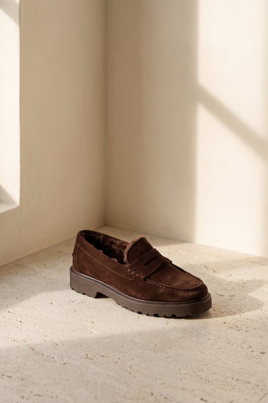 ISIDRO CHOCOLATE – Wildleder-Loafer mit Kunstpelzfutter