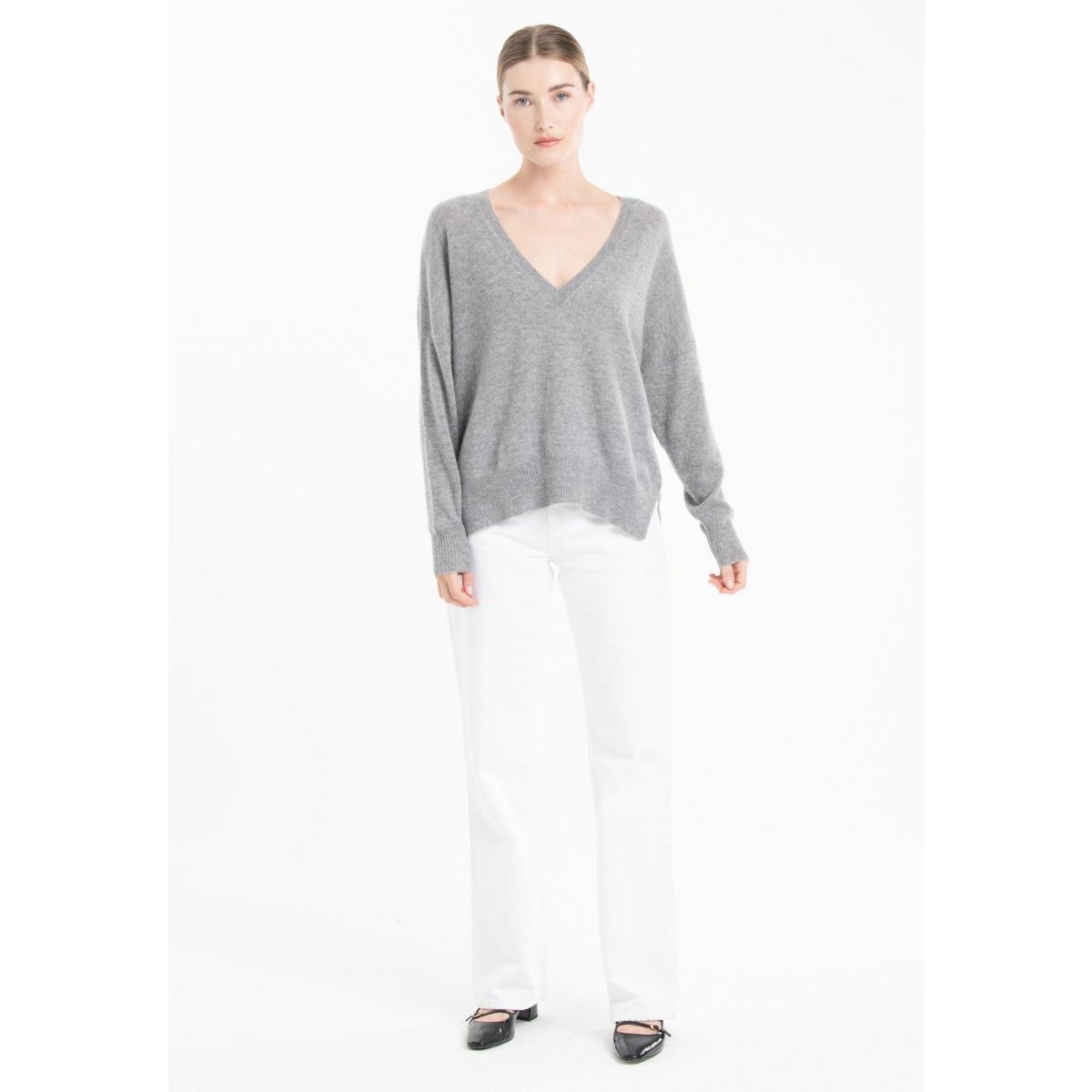 NAMI 23 Pull col V en cachemire avec bande couleur gris/mandarine