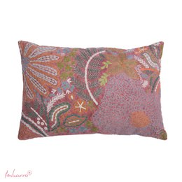 Decorative cushion with vibrant floral and paisley pattern in shades of pink, orange, and green. Rectangular shape, suitable for living room or bedroom decor.