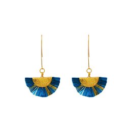 Dangling gold-tone earrings with teal blue and gold tassels, featuring a heart-shaped red charm.