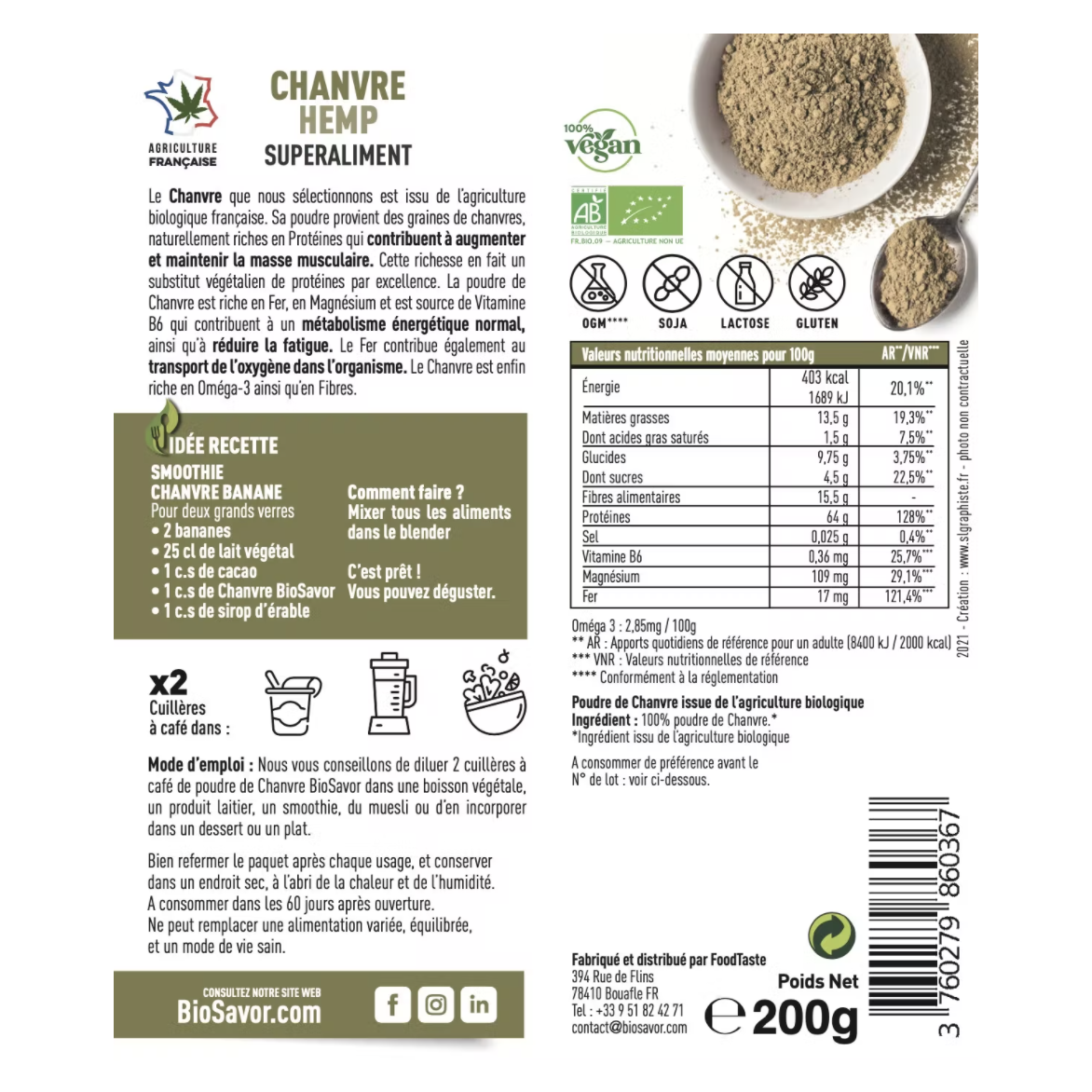 CHANVRE EN POUDRE - 200G - ERGÄNZUNG DER NAHRUNGSMITTEL