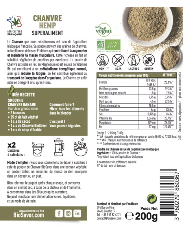 CHANVRE EN POUDRE - 200G - ERGÄNZUNG DER NAHRUNGSMITTEL