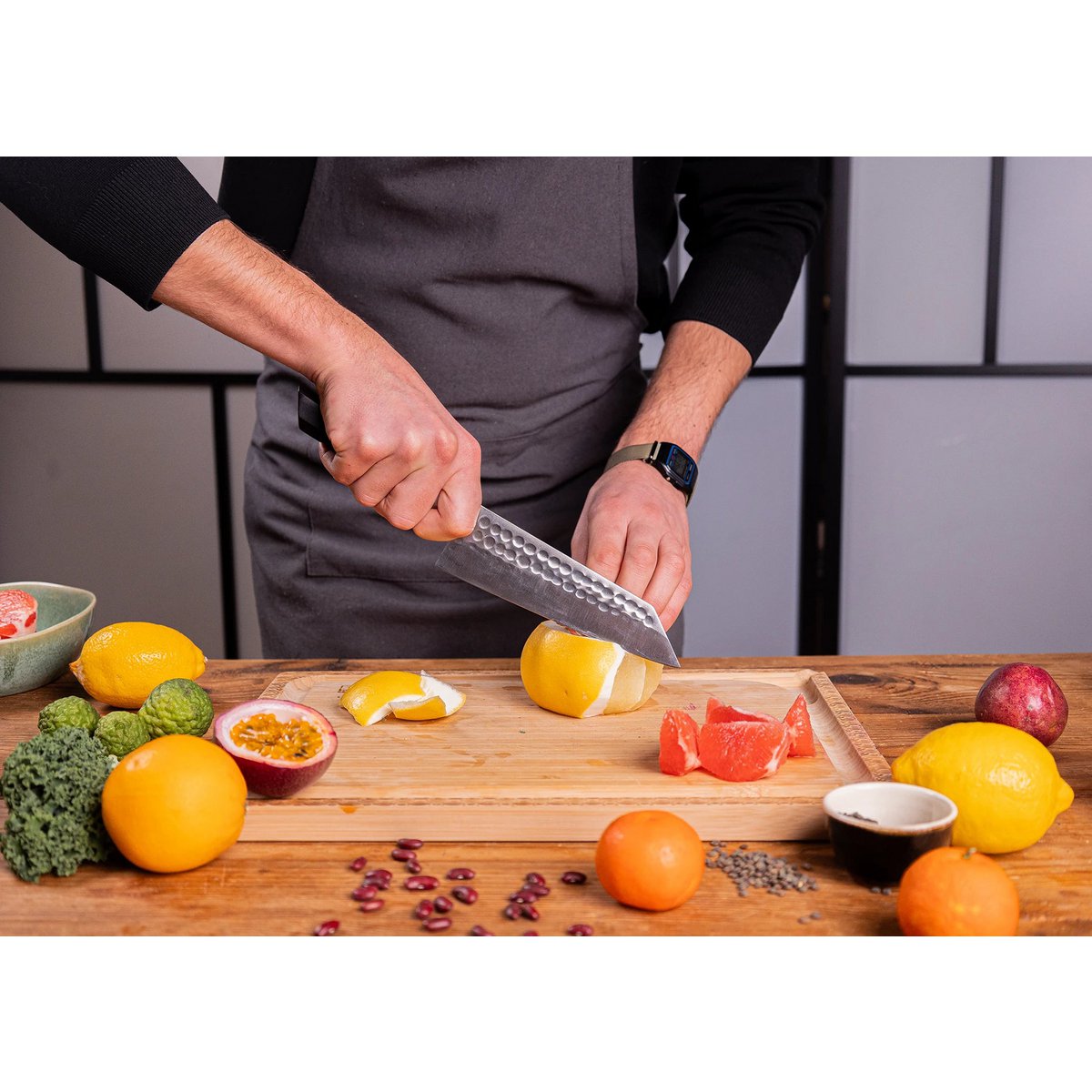 Knife - Bunka Santoku with bamboo Saya and bamboo box - 170 mm blade