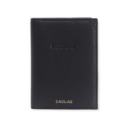 A black leather passport holder with the word "Passport" embossed on the front. The holder has multiple card slots and a sleek, minimalist design.