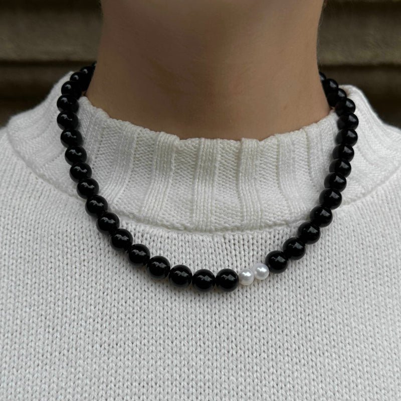 Obsidian- und Perlenkette – 10 mm Perlen-Edelsteinschmuck