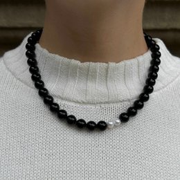 Collar de obsidiana y perlas - Joyería de piedras preciosas con cuentas de 10 mm