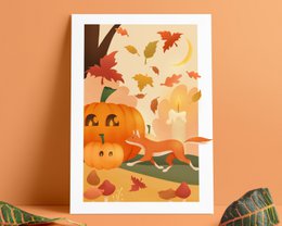 Autumn Vibes Print - Fox & Pumpkin Fall Foliage A5 Print