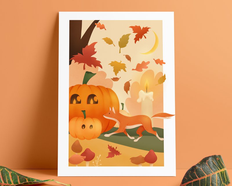 Autumn Vibes Print - Fox & Pumpkin Fall Foliage A5 Print