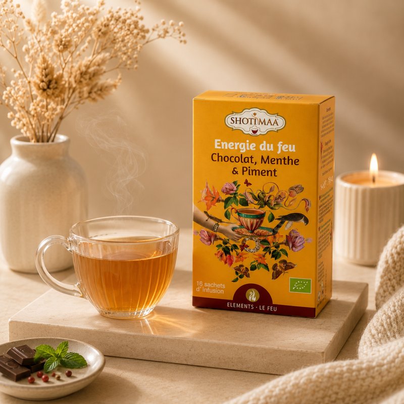 Premium-Zutaten für Bio-Kräutertee – Wohlfühlaufgüsse Feuerenergie für Ausgeglichenheit und Vitalität – Schokolade, Minze und Chili