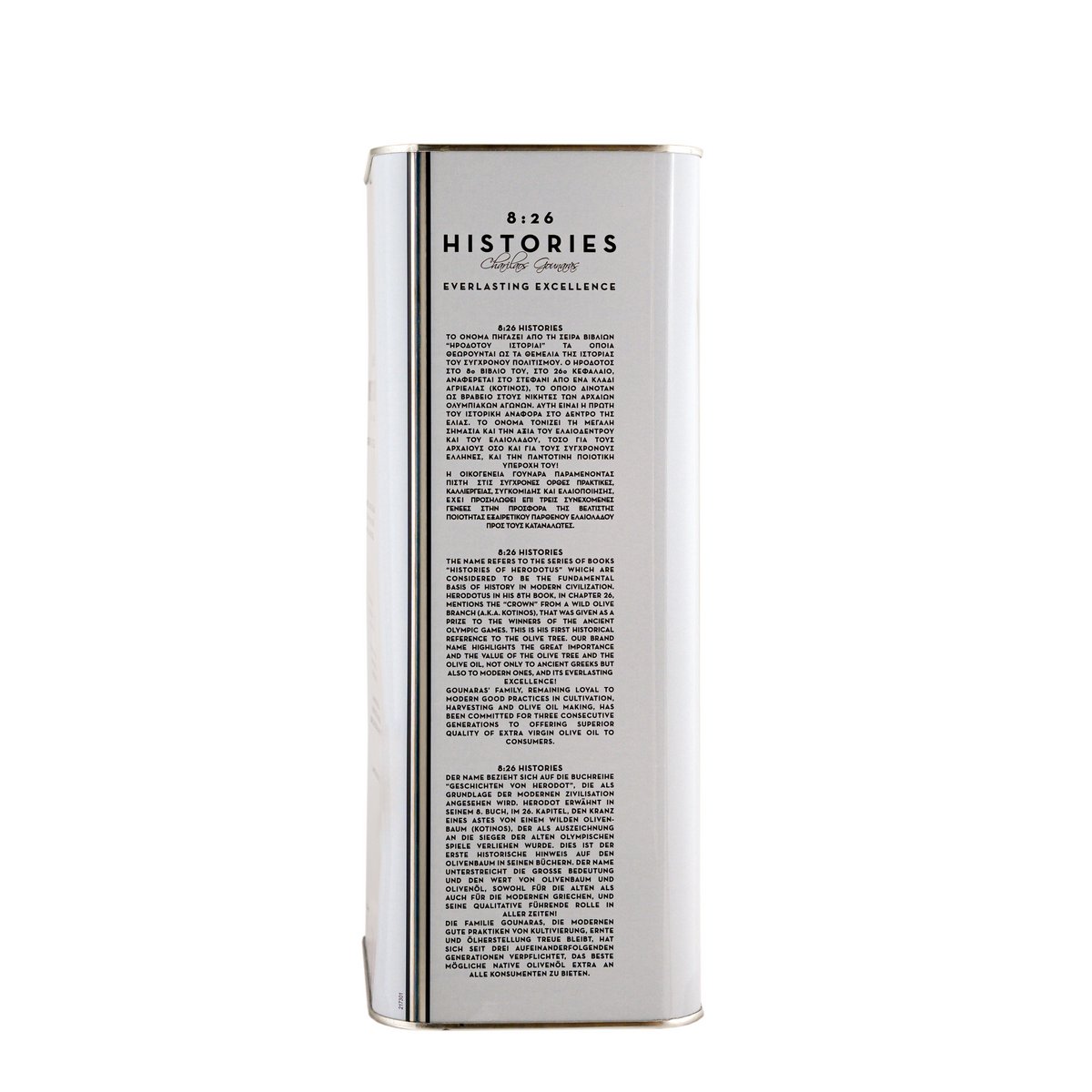 8:26 Histories Extra Vierge Olijfolie 4L Navulblik Premium Family Edition