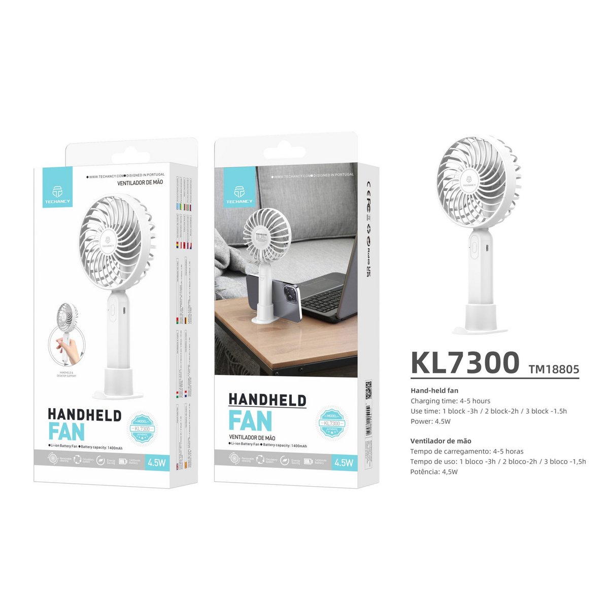 Techancy Ventoinha Portátil De Mão Branca KL7300, Ajustável A 3 Velocidades, Com Suporte Para Utilização Em Secretária