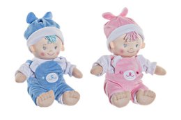 Plush baby dolls in blue and pink outfits with bows. The dolls have soft, cuddly bodies and adorable facial features.