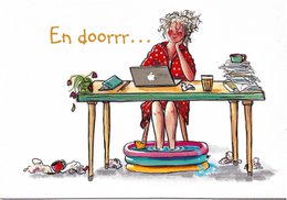 Colorful illustrated greeting card with a quirky character and text in Dutch. The image depicts a whimsical figure standing at a desk with various objects around them.