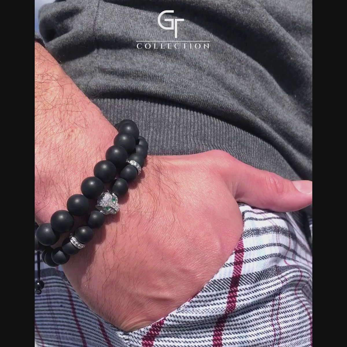 Bracelet Homme ONYX NOIR Avec Tête LÉOPARD Argenté