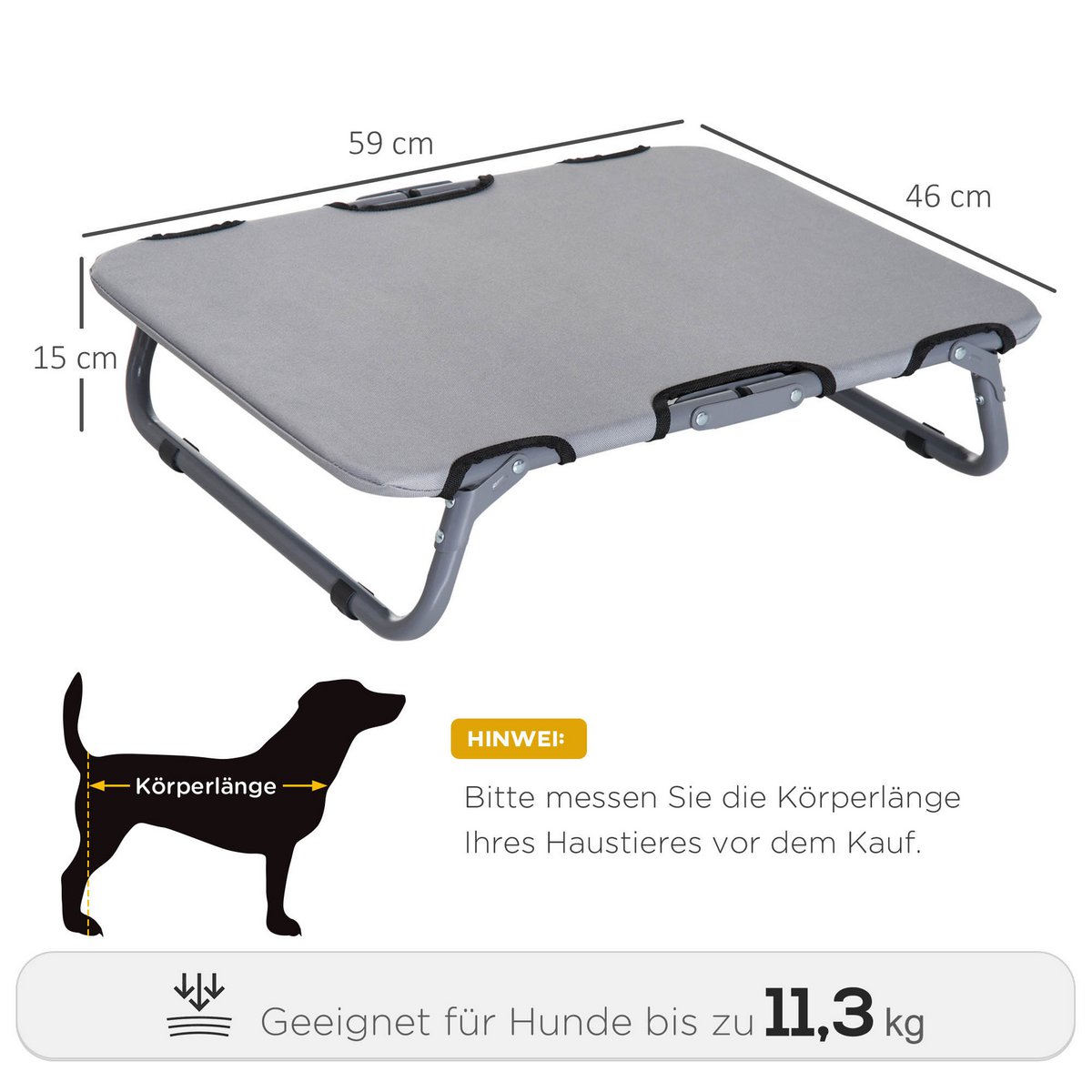 Outdoor Dog Lounger, Foldable Elevated Dog Bed for Small Dogs, Cooling Pet Lounger with Steel Frame, Pet Bed for Outdoor Camping, 59 x 46 x 15 cm, Gray