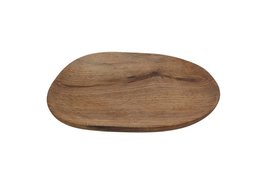 Walnut wood tray, asymmetric oval shape, natural brown wood grain, Moroccan artisanal style, decorative serving piece.