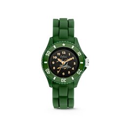 Green kids watch with airplane design, made of durable plastic material, suitable for everyday wear.