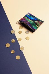 Compact, iridescent coin purse with a vibrant feather design, perfect for storing small items and coins.