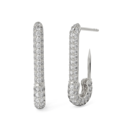 Silver safety pin earrings with sparkling cubic zirconia stones.