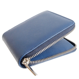 4 Credit Card Zip Saffiano Leather Wallet Blue