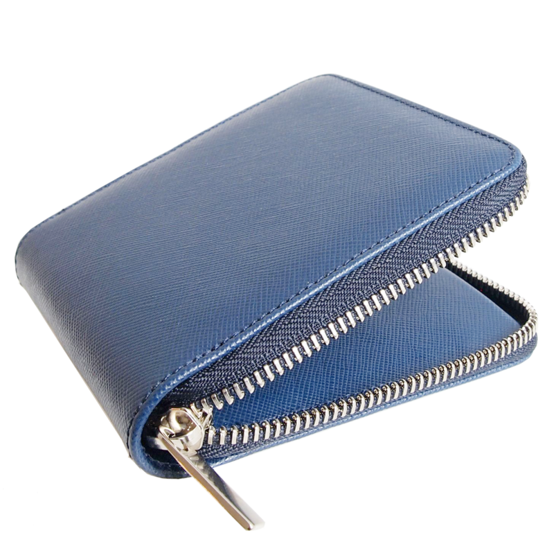 4 Credit Card Zip Saffiano Leather Wallet Blue