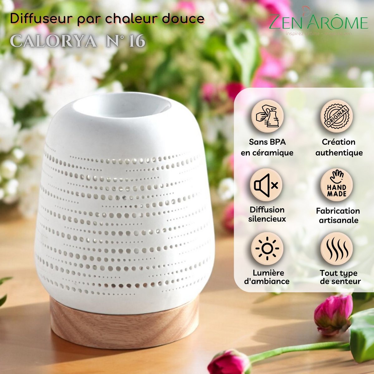 Calorya Quemador de Cera Perfumada n°16 - Quemador de Perfume Eléctrico para Fondant Perfumado - Elegante Lámpara de Perfume - Cerámica con Decoración Calada e Iluminación Ambiental
