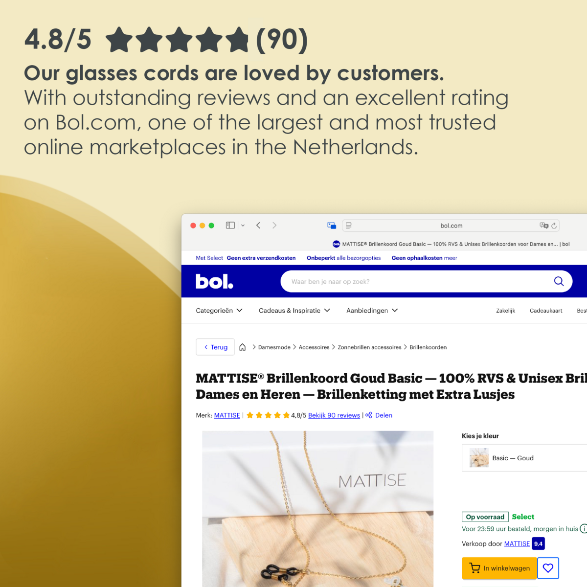 Glasses Cord Woven Gold — 100% Stainless Steel & Unisex Eyewear Cords for Women and Men — Glasses Chain with Extra Loops — Brillenkoord Brillenband Brillenkette Cordon de Lunettes Cordón Para Gafas