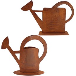 Vintage-style square and round metal watering cans for garden decoration and planting. Rustic, weathered appearance.