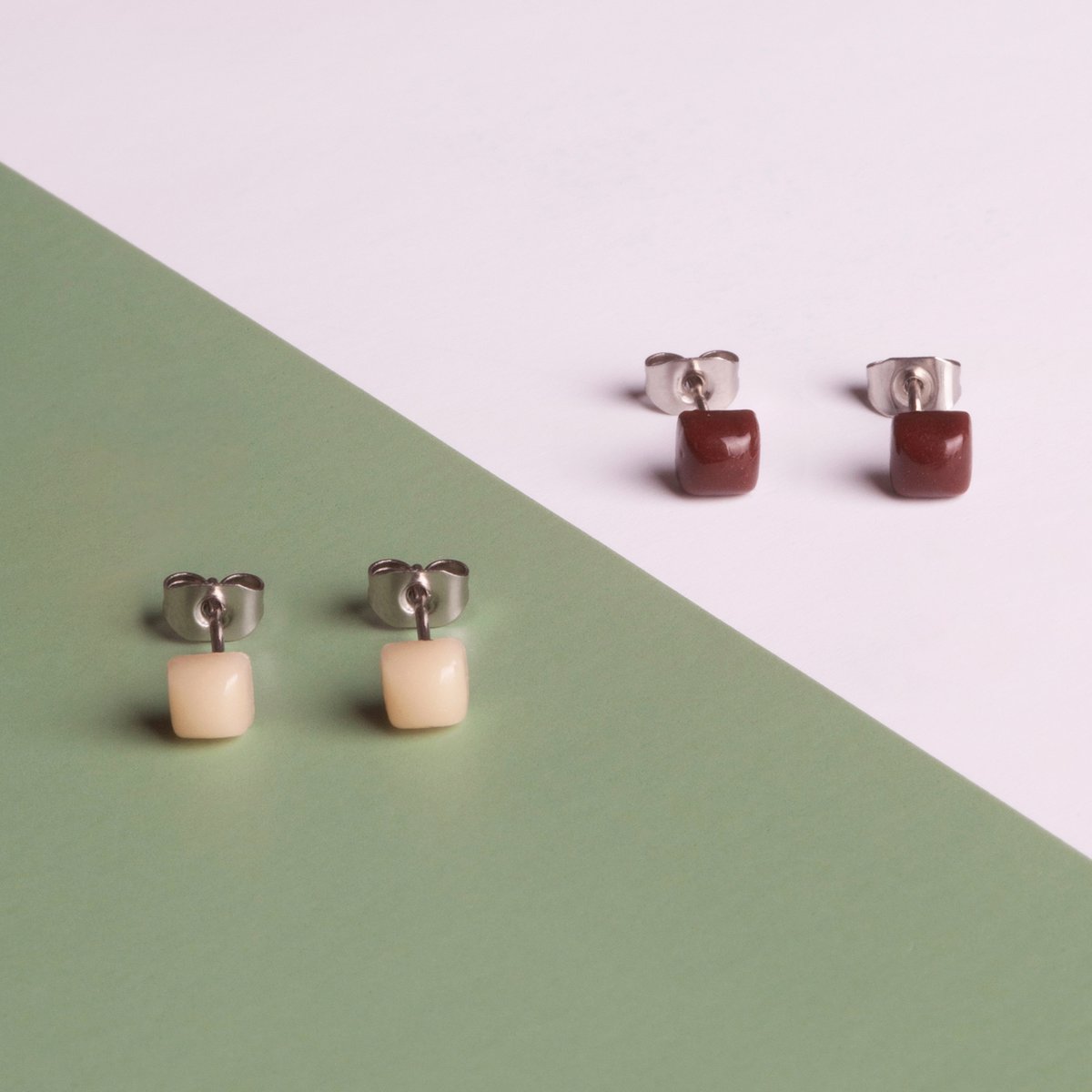 Set of 3 earrings with stone • Recycled glass & stainless steel • 20 colors