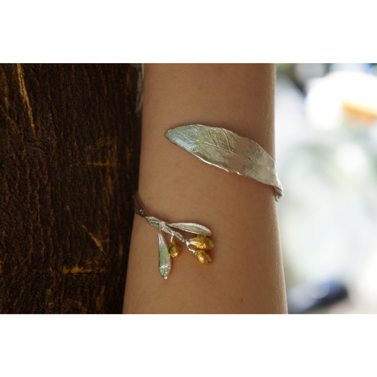 Gouden olijftak manchetarmband: verstelbare sterling zilveren armband
