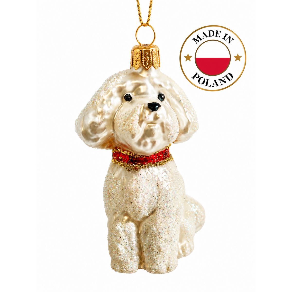 Glazen luxe kerstbal, ornament wit hondje made in Poland