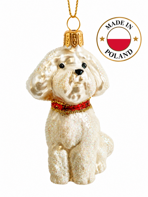 Glazen luxe kerstbal, ornament wit hondje made in Poland