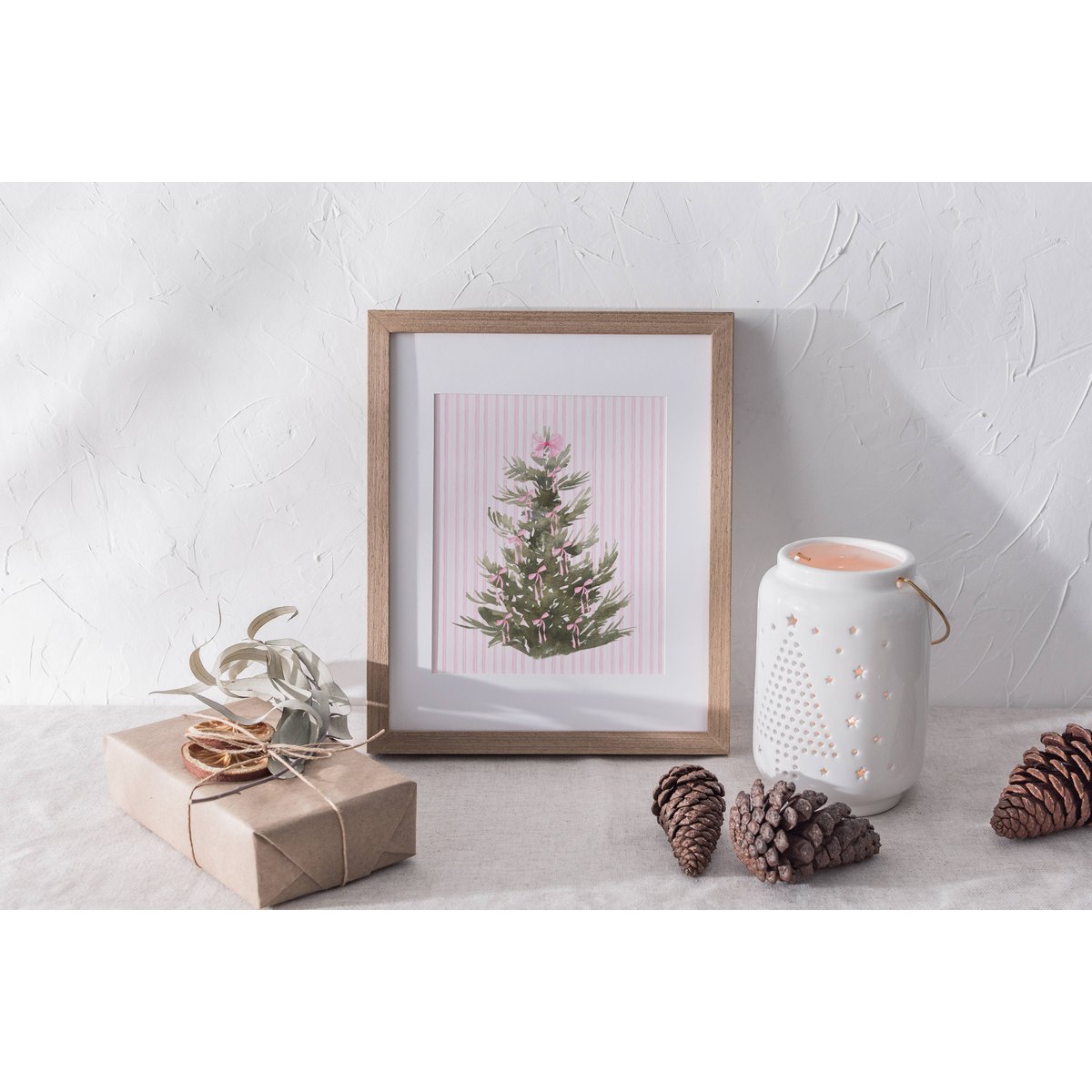 Plakat juletræ med lyserøde bånd, lyserød juleplakat, juletræplakat, lyserød buer udskrivning, lyserød juledekor