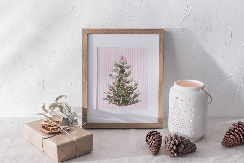 Plakat juletræ med lyserøde bånd, lyserød juleplakat, juletræplakat, lyserød buer udskrivning, lyserød juledekor