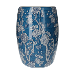 Blue porcelain pouf with white decorations h 45 x Ø 28 cm